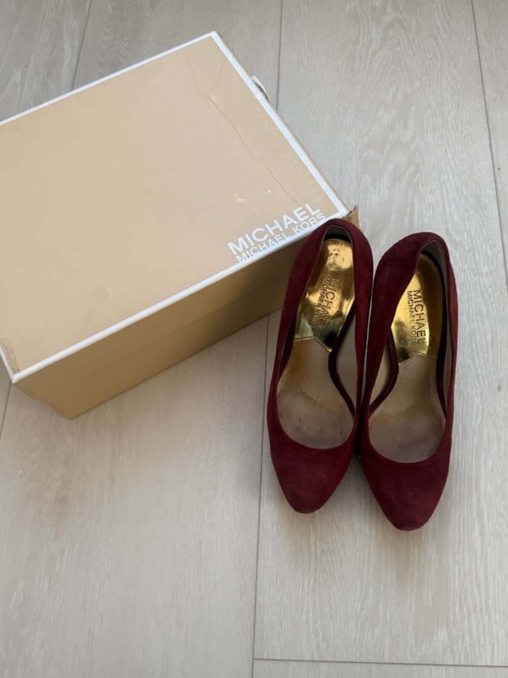 MICHAEL Michael Kors Burgundy Suede
Pointed Gold Studded Pumps